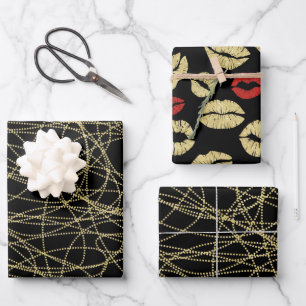 Black Gold Abstract Red Lips Bridal Shower Wrapping Paper Sheet