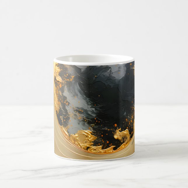 Black Gold Abstract Swirl Modern Moon Coffee Mug (Center)