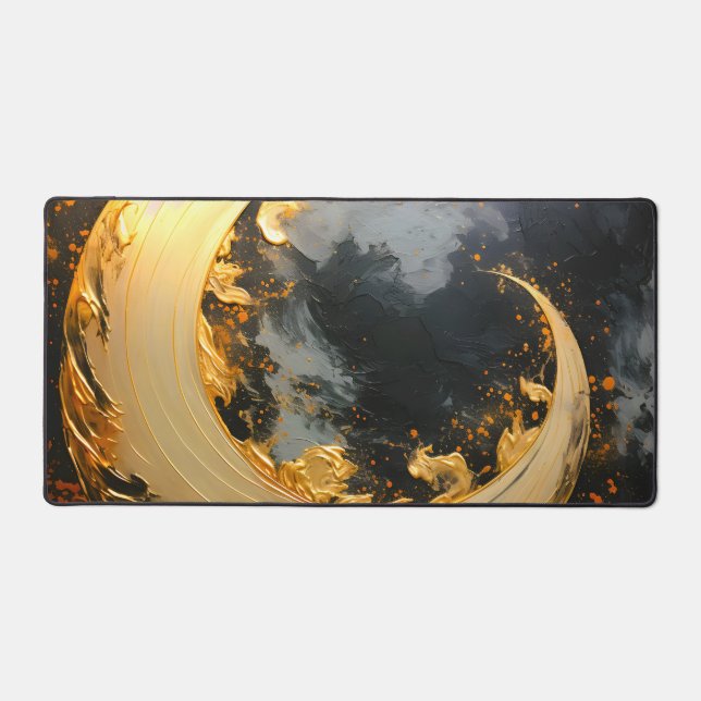 Black Gold Abstract Swirl Modern Moon Desk Mat (Front)