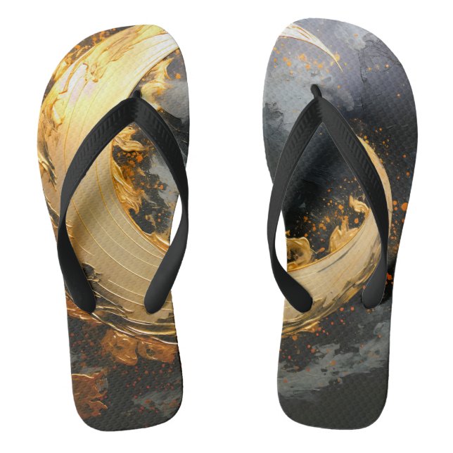 Black Gold Abstract Swirl Modern Moon Jandals (Footbed)
