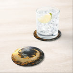 Black Gold Abstract Swirl Modern Moon Round Paper Coaster<br><div class="desc">Energy,  and elegance metallic moon with flowing golden swirl against a deep black background.</div>
