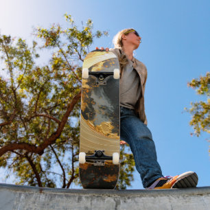 Black Gold Abstract Swirl Modern Moon Skateboard