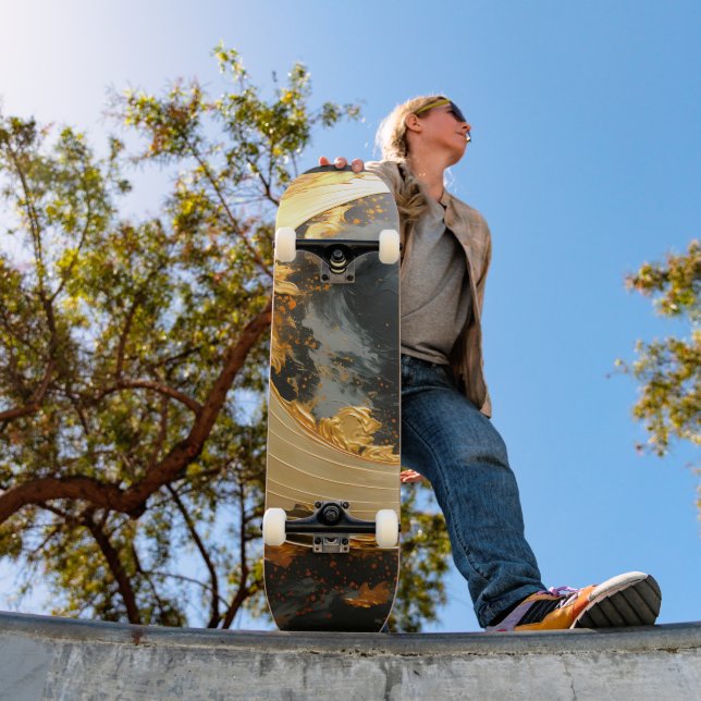 Black Gold Abstract Swirl Modern Moon Skateboard (Outdoor 1)