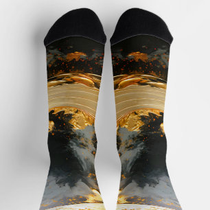 Black Gold Abstract Swirl Modern Moon Socks