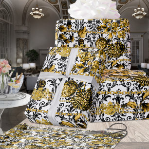Black Gold Acanthus Leaf Chains Floral Gold White Wrapping Paper