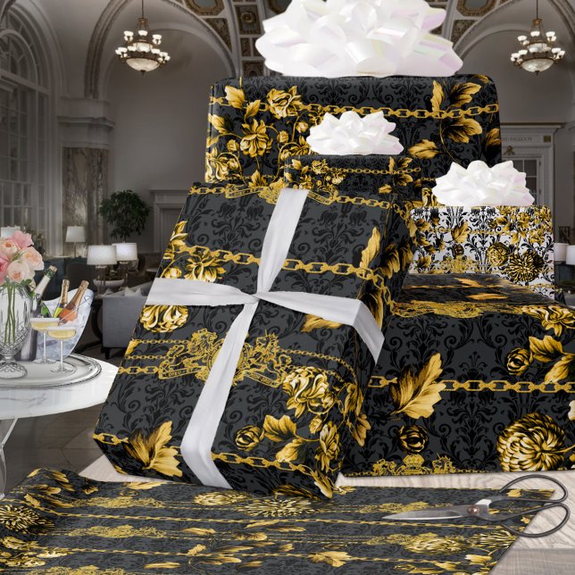 Black & Gold Acanthus Leaf Gold Chains Luxury Posh Wrapping Paper (Creator Uploaded)