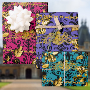 Black & Gold Acanthus Leaf Gold Chains Luxury Posh Wrapping Paper Sheet