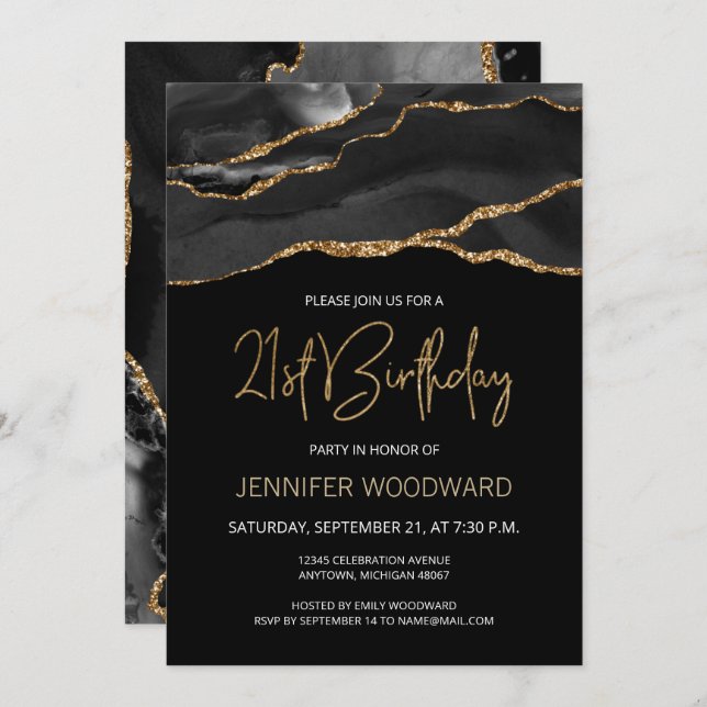 Black Gold Agate 21st Birthday Party (Front/Back)