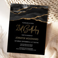 Black Gold Agate 21st Birthday Party Invitation