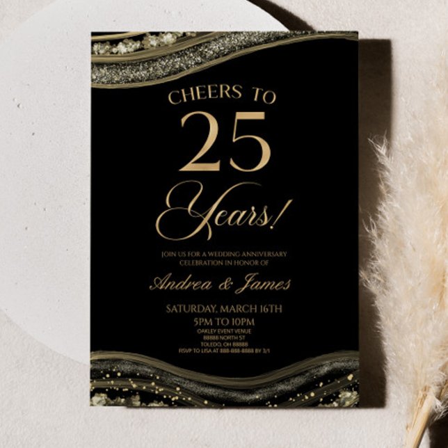 Black Gold Agate 25th Wedding Anniversary Party Invitation (Creator Uploaded)