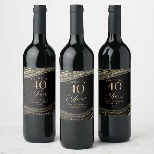 Black Gold Agate 40th Wedding Anniversary Party Wine Label (Bottles)