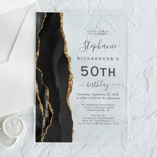 Black Gold Agate 50th Birthday Party Acrylic Invitations