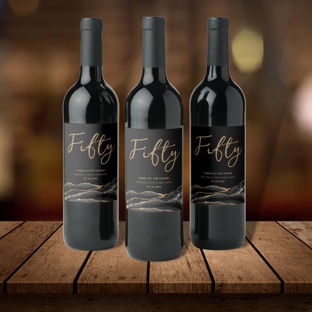Black Gold Agate 50th Birthday Party Wine Label (Creator Uploaded)