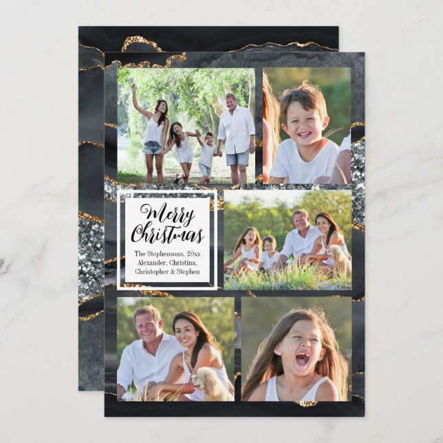 Black Gold Agate 5-Photo Merry Christmas Invitation (Front/Back)