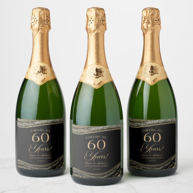 Black Gold Agate 60th Wedding Anniversary Party Sparkling Wine Label (Bottles)