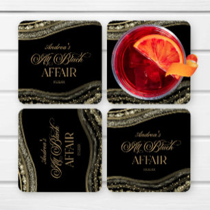Black Gold Agate All Black Affair Birthday Party Square Paper Coaster