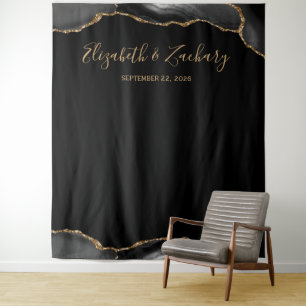Black Gold Agate Border Dark Wedding Photo Booth Tapestry