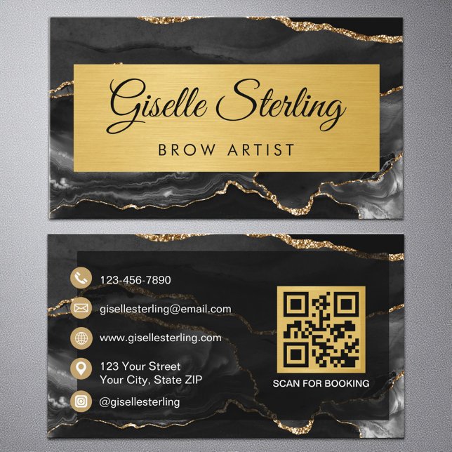 Black Gold Agate Brow Artist Glitter QR Code Business Card (Creator Uploaded)