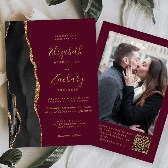 Black Gold Agate Burgundy Photo QR Code Wedding Invitation (Creator Uploaded)