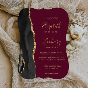 Black Gold Agate Burgundy Red Bracket Wedding Invitation