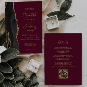 Black Gold Agate Burgundy Red QR Code Wedding Invitation
