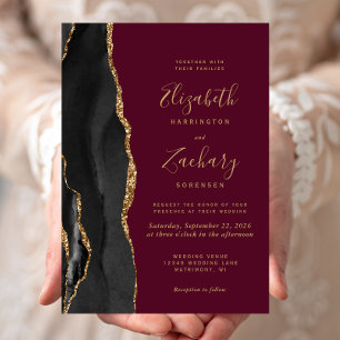 Black Gold Agate Burgundy Red Wedding Invitation