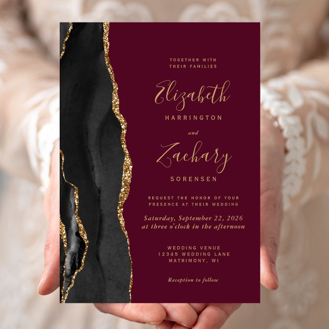 Black Gold Agate Burgundy Red Wedding Invitation (Creator Uploaded)