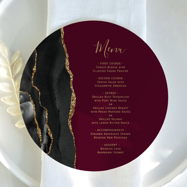 Black Gold Agate Burgundy Round Plate Wedding Menu (Creator Uploaded)