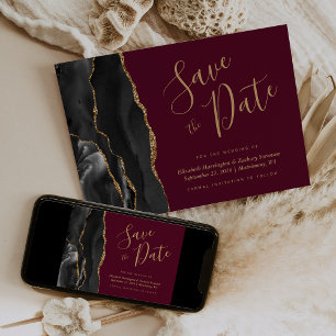 Black Gold Agate Burgundy Save the Date Card