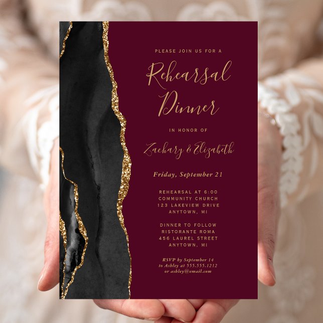 Black Gold Agate Burgundy Wedding Rehearsal Dinner Invitation (Creator Uploaded)