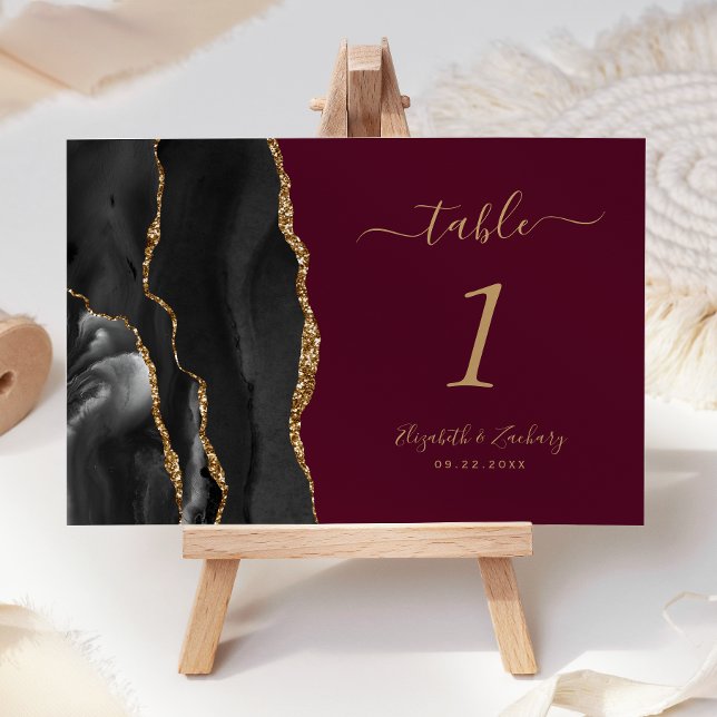 Black Gold Agate Burgundy Wedding Table Number (Creator Uploaded)