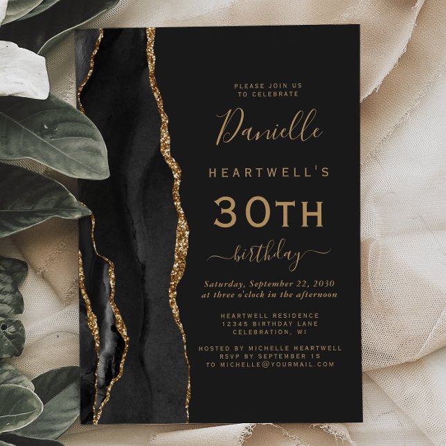 Black Gold Agate Dark 30th Birthday Party Invitation (Creator Uploaded)