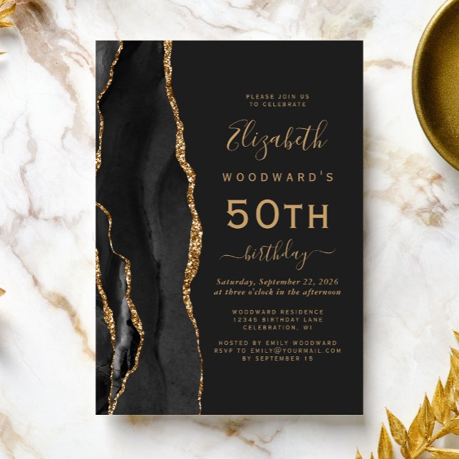 Black Gold Agate Dark 50th Birthday Party Invitation (Creator Uploaded)