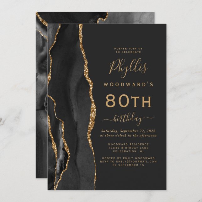 Black Gold Agate Dark 80th Birthday Party Invitation (Front/Back)