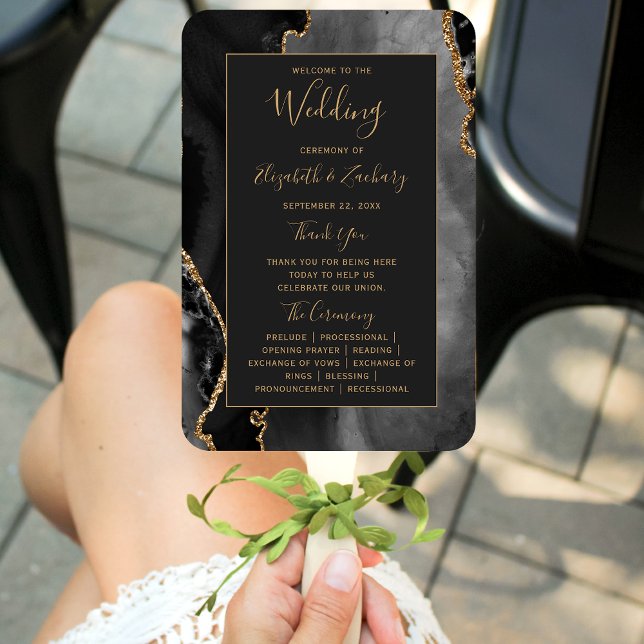 Black Gold Agate Dark Wedding Program Hand Fan (Creator Uploaded)