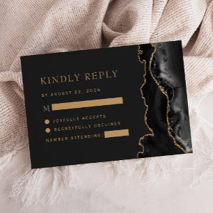 Black Gold Agate Dark Wedding RSVP Card