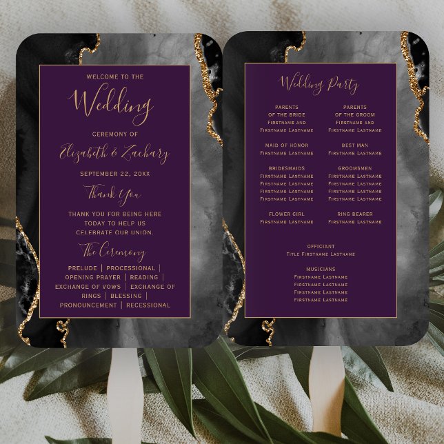 Black Gold Agate Deep Purple Wedding Program Hand Fan (Creator Uploaded)
