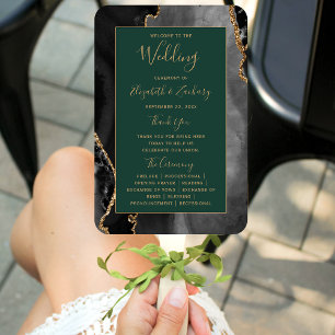 Black Gold Agate Emerald Green Wedding Program Hand Fan