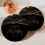 Black Gold Agate Geode 21st Birthday Party Paper Plate<br><div class="desc">These chic, glamourous 21st birthday party paper plates feature a watercolor image of an agate geode in shades of black with gold faux glitter trim. The words "21st Birthday" appear in gold faux glitter in a decorative modern handwriting font on a black background. Customise it with the name of the...</div>