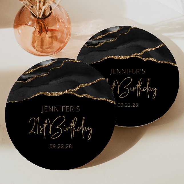 Black Gold Agate Geode 21st Birthday Party Paper Plate (Creator Uploaded)