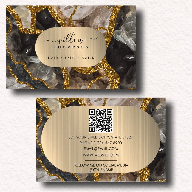 Black & Gold Agate Geode Glitter Marble QR Code Business Card (Black & Gold Agate Geode Glitter Marble QR Code Business Card)