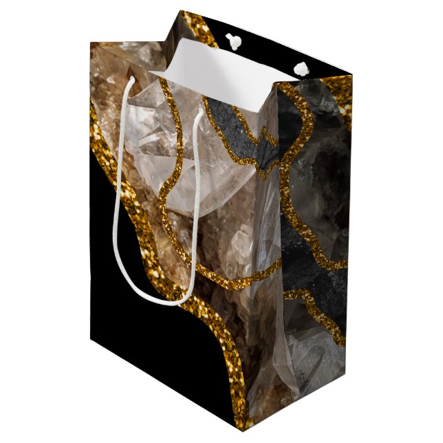 Black & Gold Agate Geode Glitter Medium Gift Bag (Front Angled)