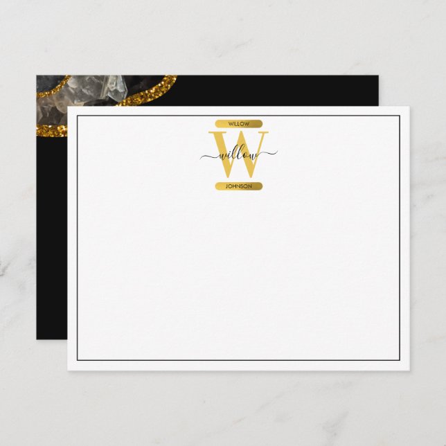 Black & Gold Agate Geode Glitter Monogram Card (Front/Back)