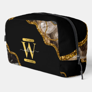 Black & Gold Agate Geode Glitter Monogram Dopp Kit