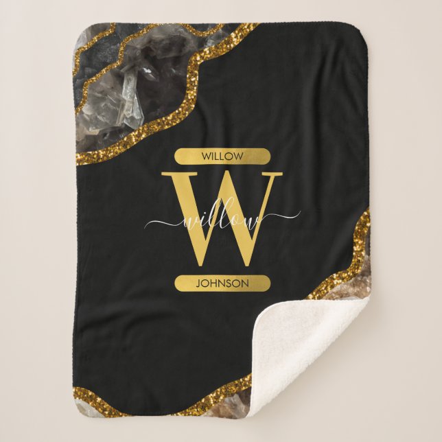 Black & Gold Agate Geode Glitter Monogram Sherpa Blanket (Front)