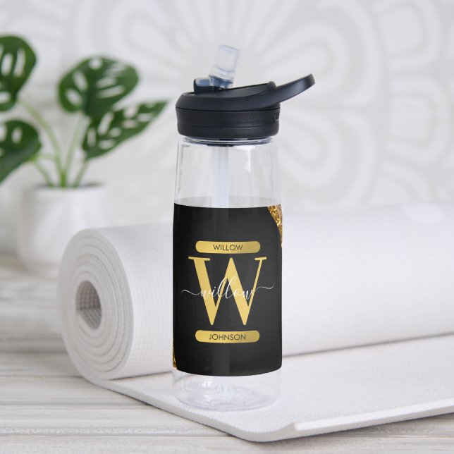 Black & Gold Agate Geode Glitter Monogram Water Bottle (Yoga)