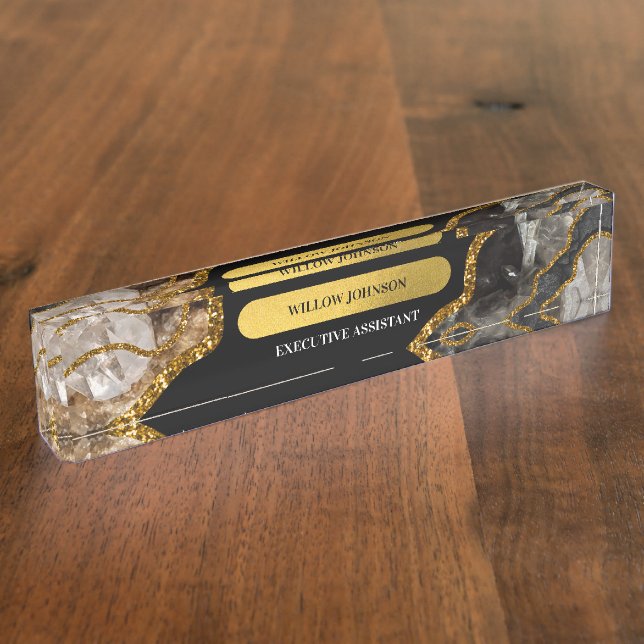 Black & Gold Agate Geode Glitter Office Nameplate (Side)