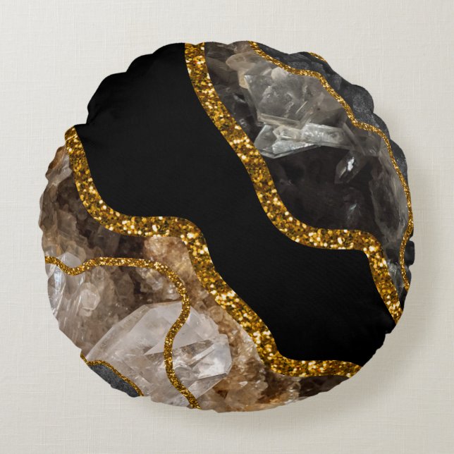 Black & Gold Agate Geode Glitter Round Cushion (Front)