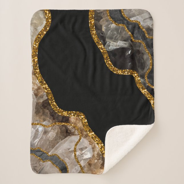 Black & Gold Agate Geode Glitter Sherpa Blanket (Front)