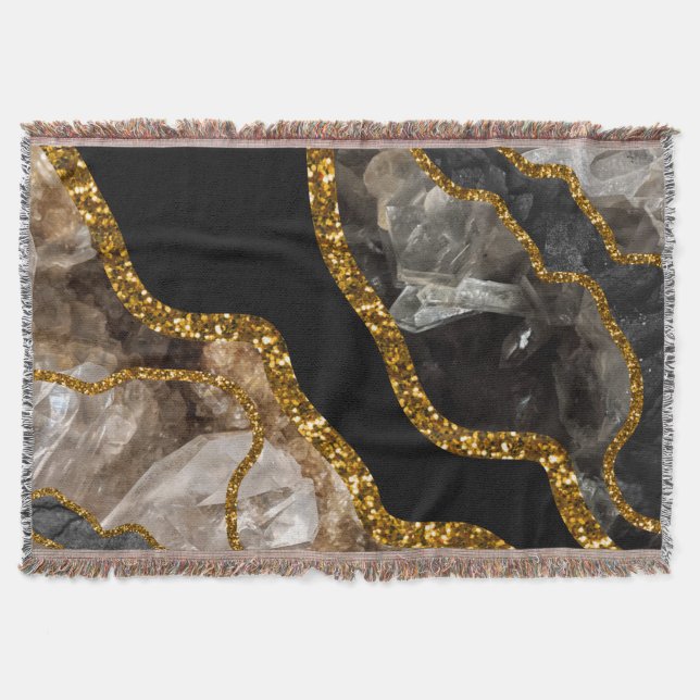 Black & Gold Agate Geode Glitter Throw Blanket (Front)